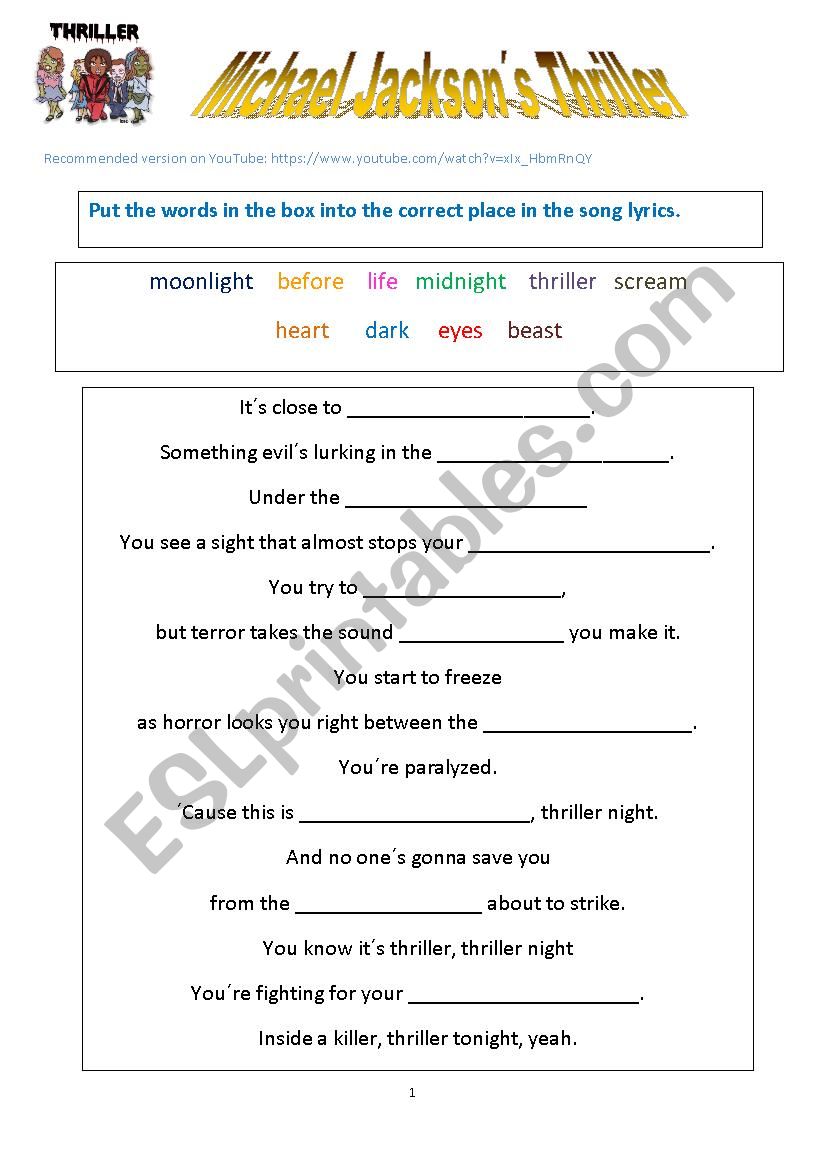 Michael Jacksons Thriller: Gap Fill Sentence Worksheet