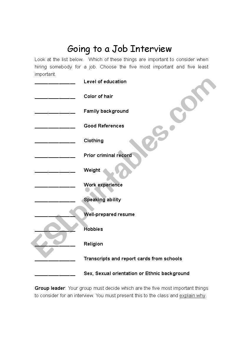 Going for a job interview worksheet