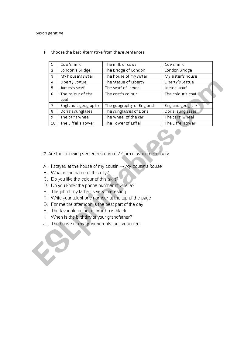 Saxon genitive worksheet