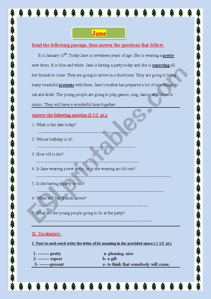 4th form exam ( Janes party) worksheet