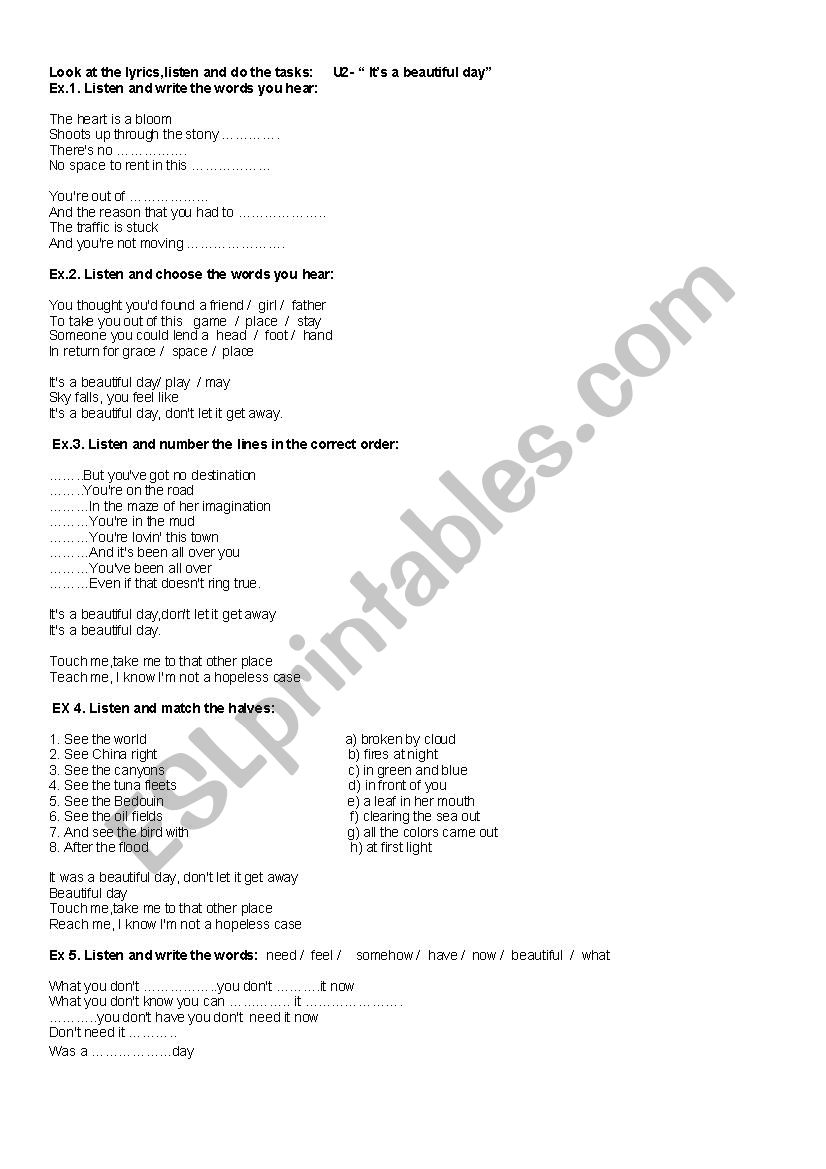 U2 "It´s a beautiful day" ESL worksheet by simon eniko