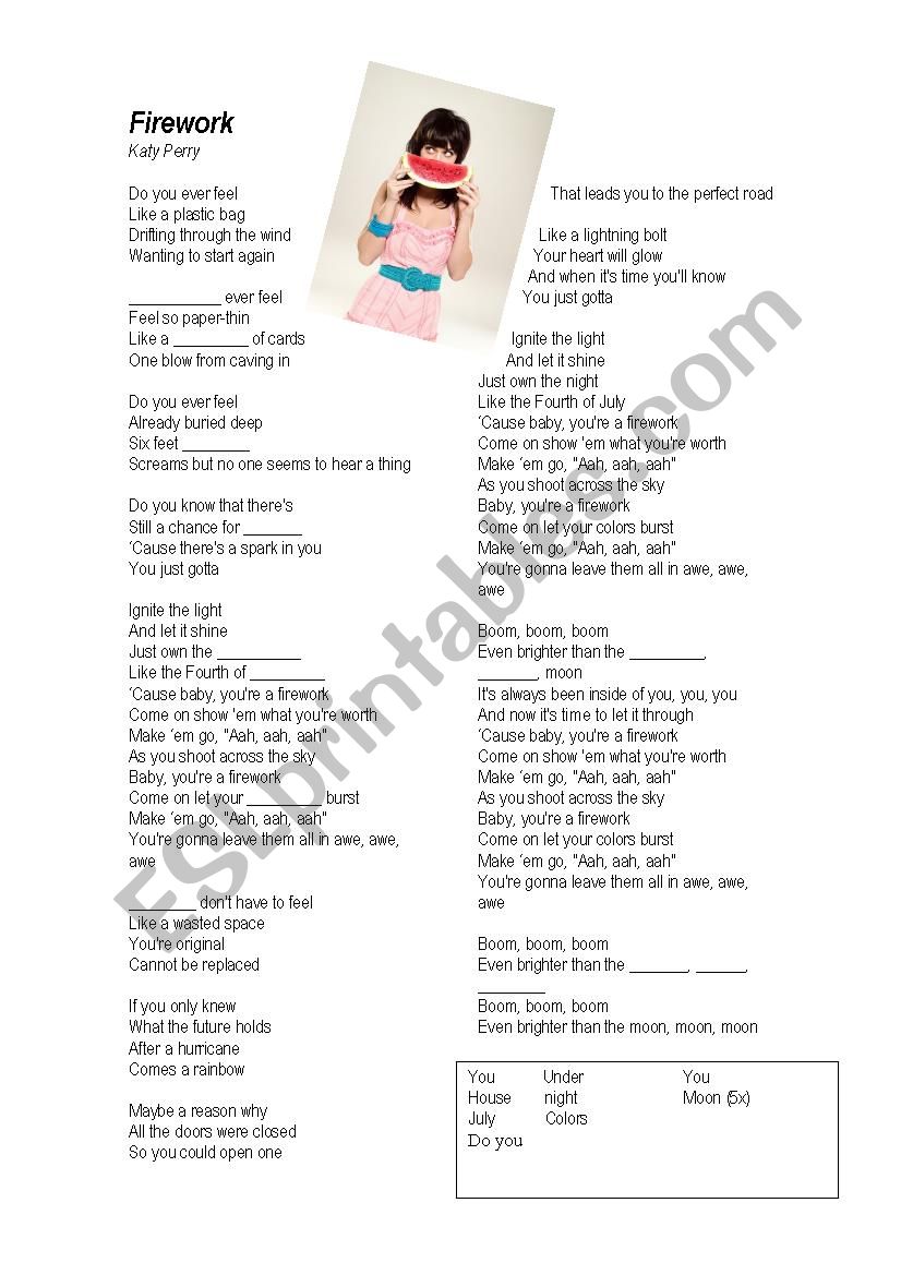 Firework - Katy Perry worksheet