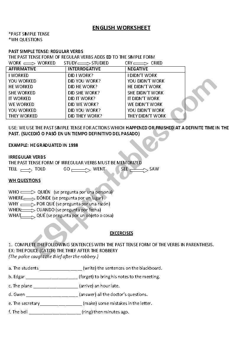 PAST SIMPLE, WH-QUESTION worksheet