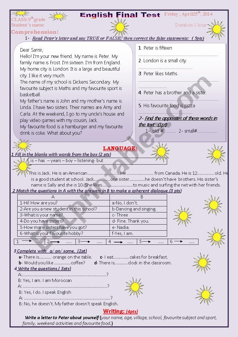 Test for 9th grade worksheet