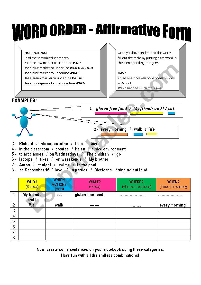 Word order - Affirmative worksheet