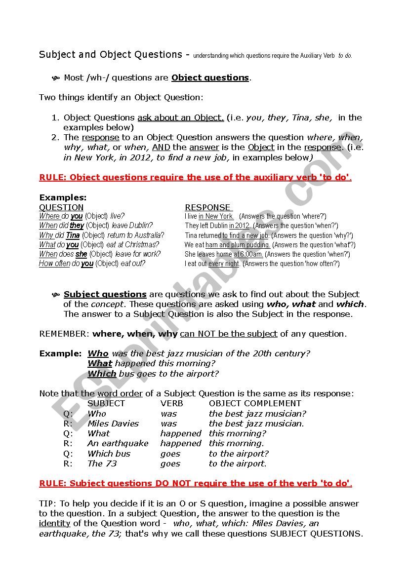 Subject & Object Questions worksheet