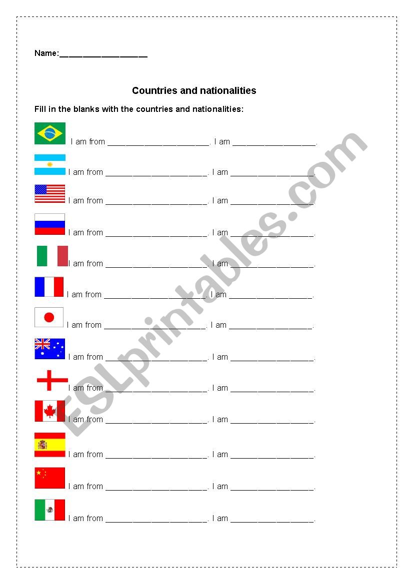 Countries and Nationalities worksheet