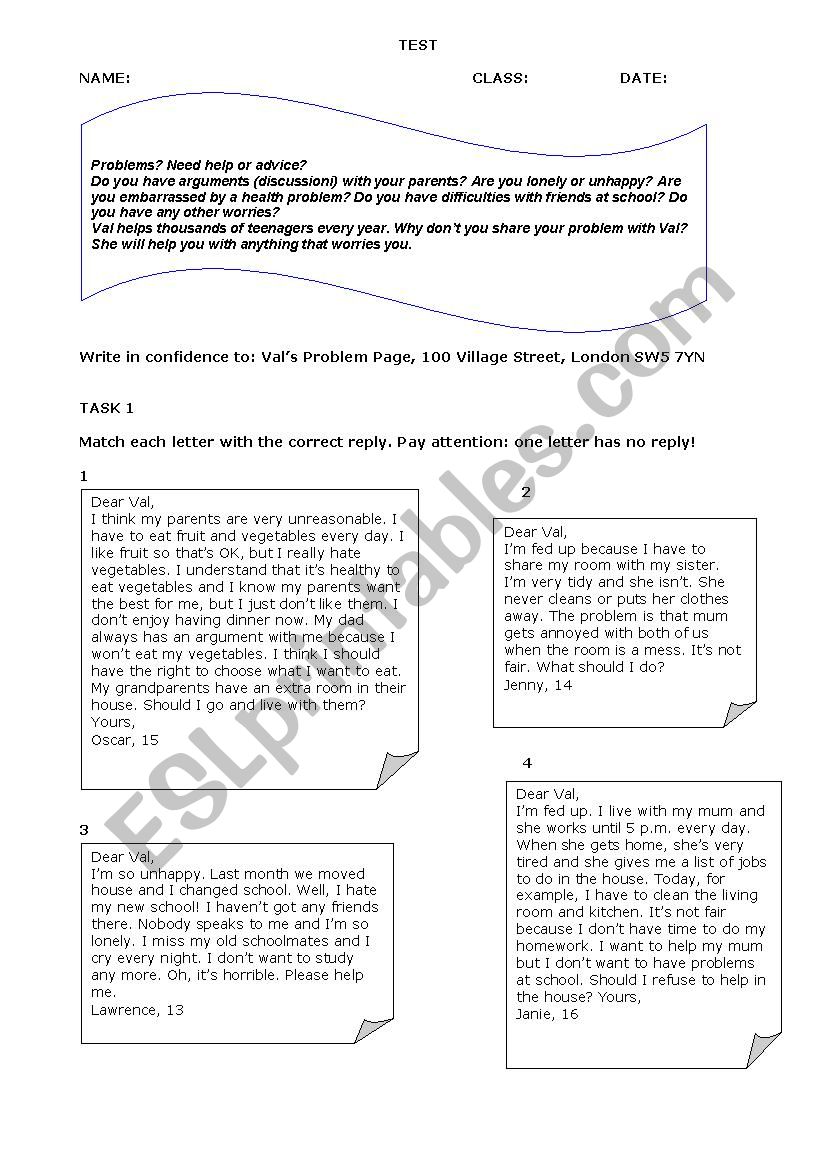 Agony aunt test worksheet