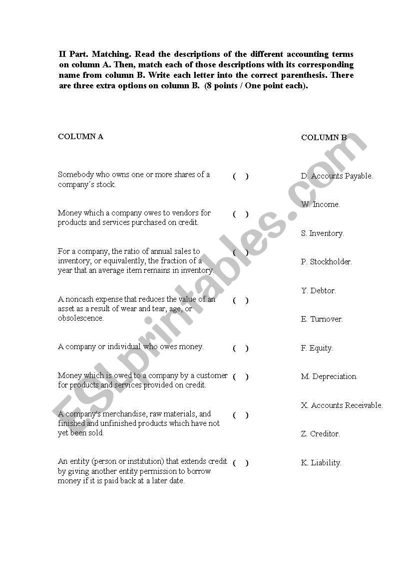 Accounting Exam, part two worksheet