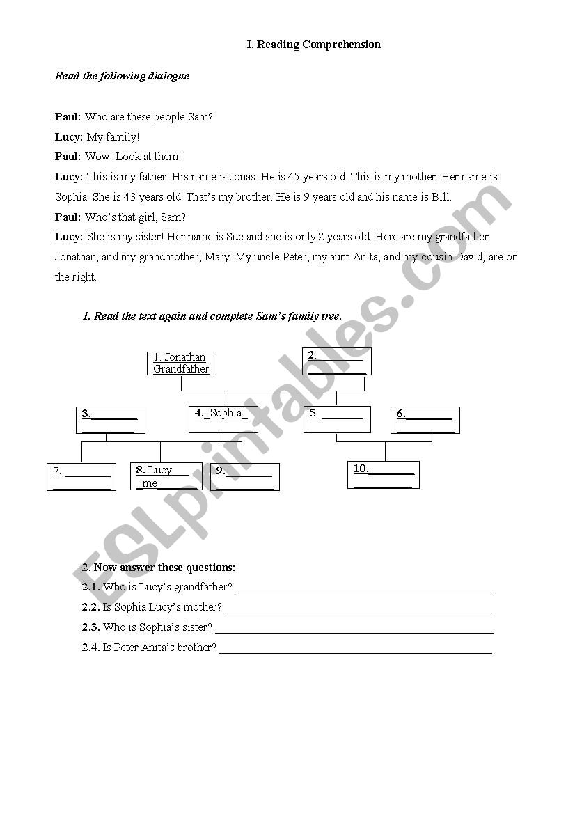 part b of the test on family worksheet