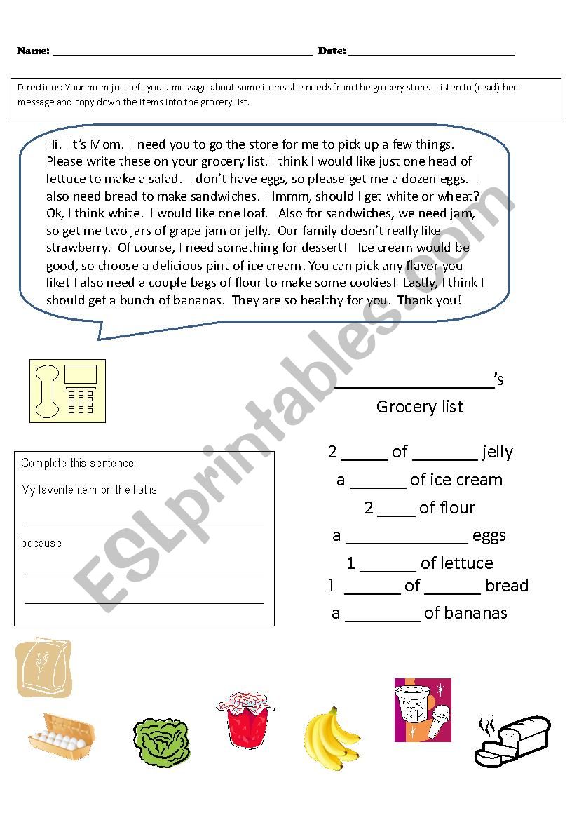 Grocery list practice worksheet