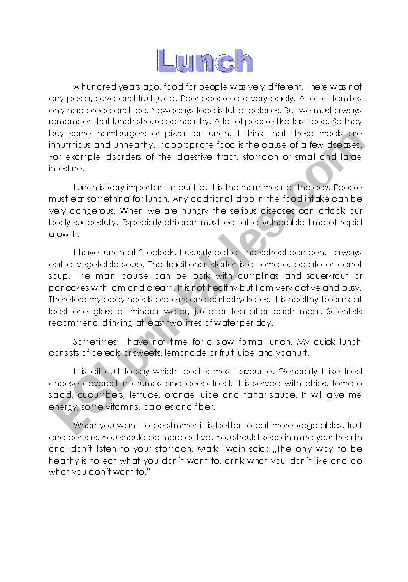 lunch worksheet