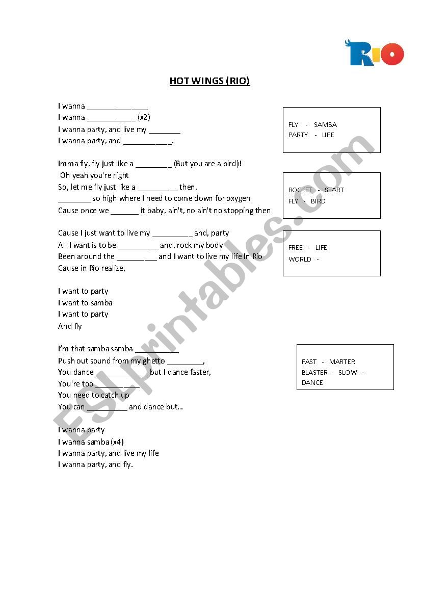 Hot Wings (Rios Song) worksheet