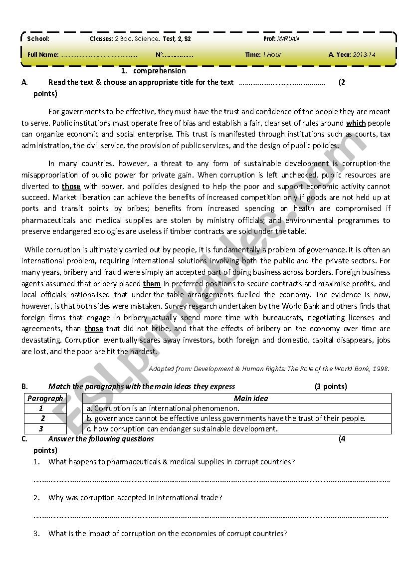 Test for 2nd year Baccalaureate, Moroccan System