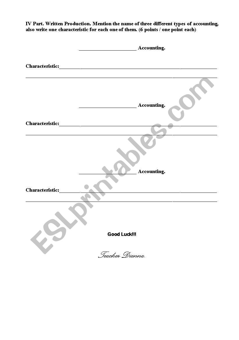 Accounting Exam, Part four. worksheet