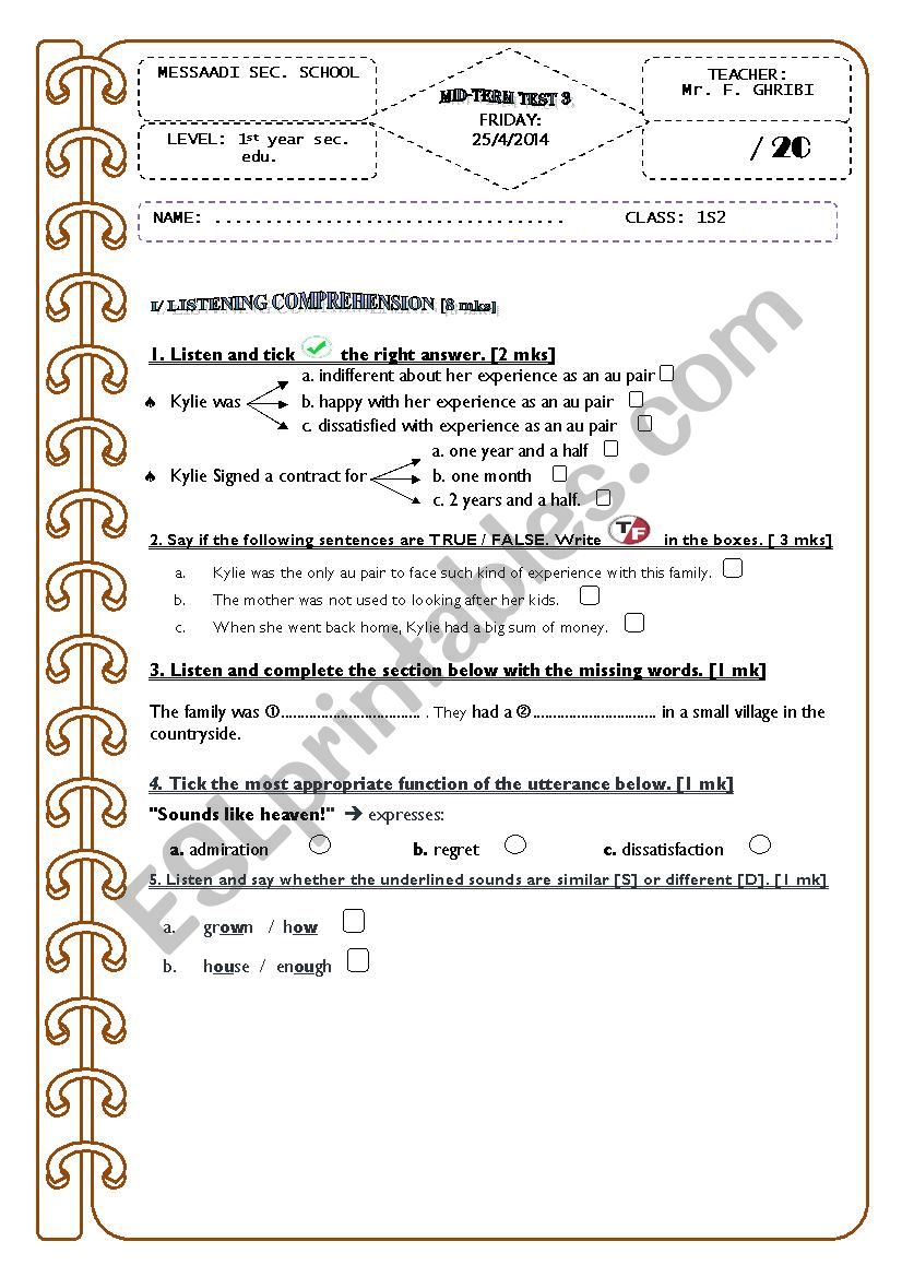 Mid-term    test 3   // 1st year  Tunisian sts