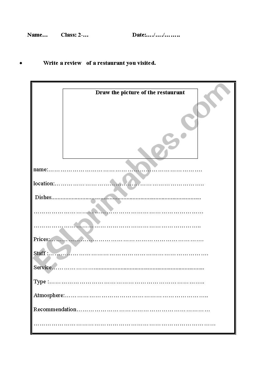 Restaurant Review worksheet