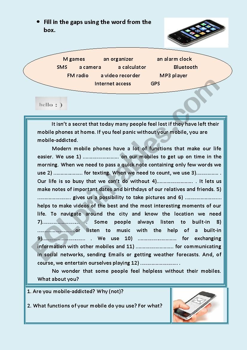 functions of mobile phones worksheet