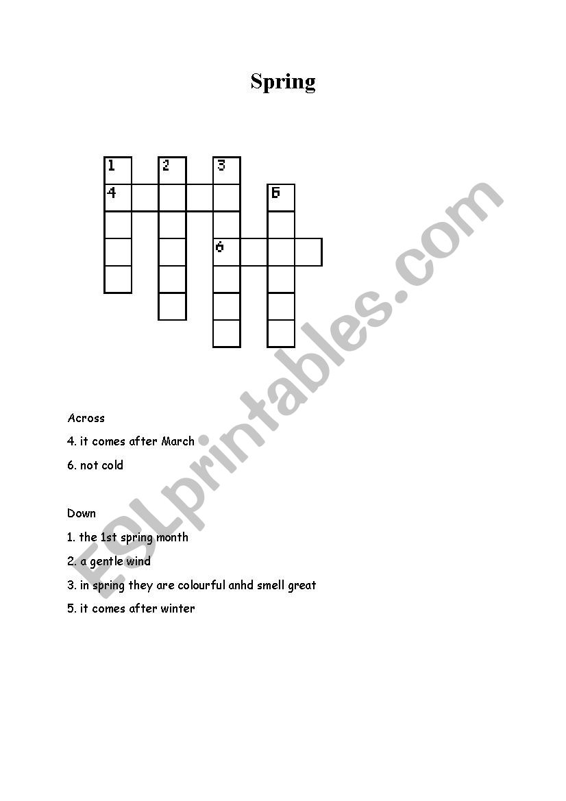 Spring crossword puzzle worksheet