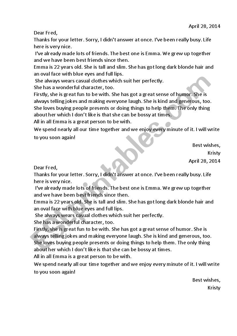 Descriptive letter worksheet