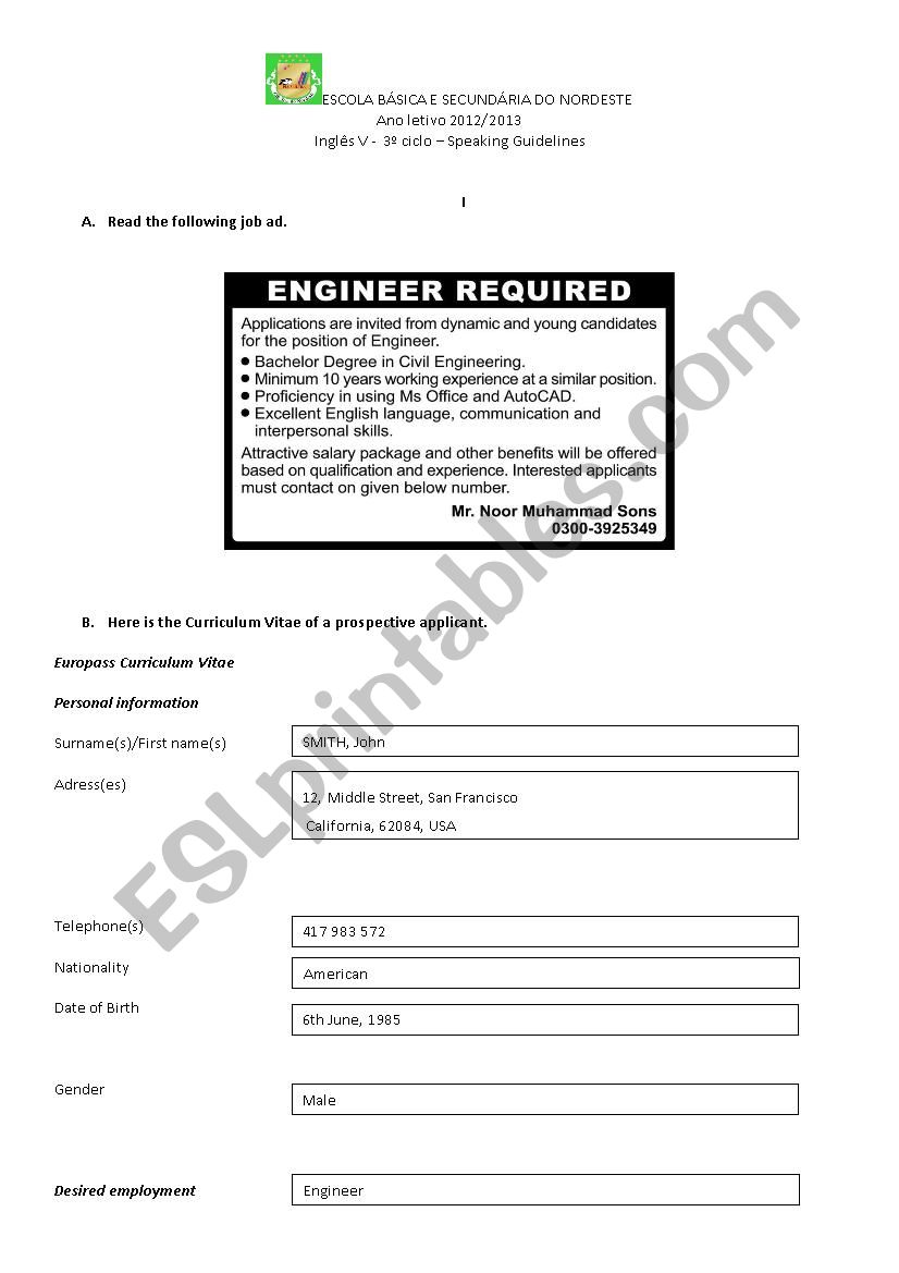 Job INterview Role-play worksheet