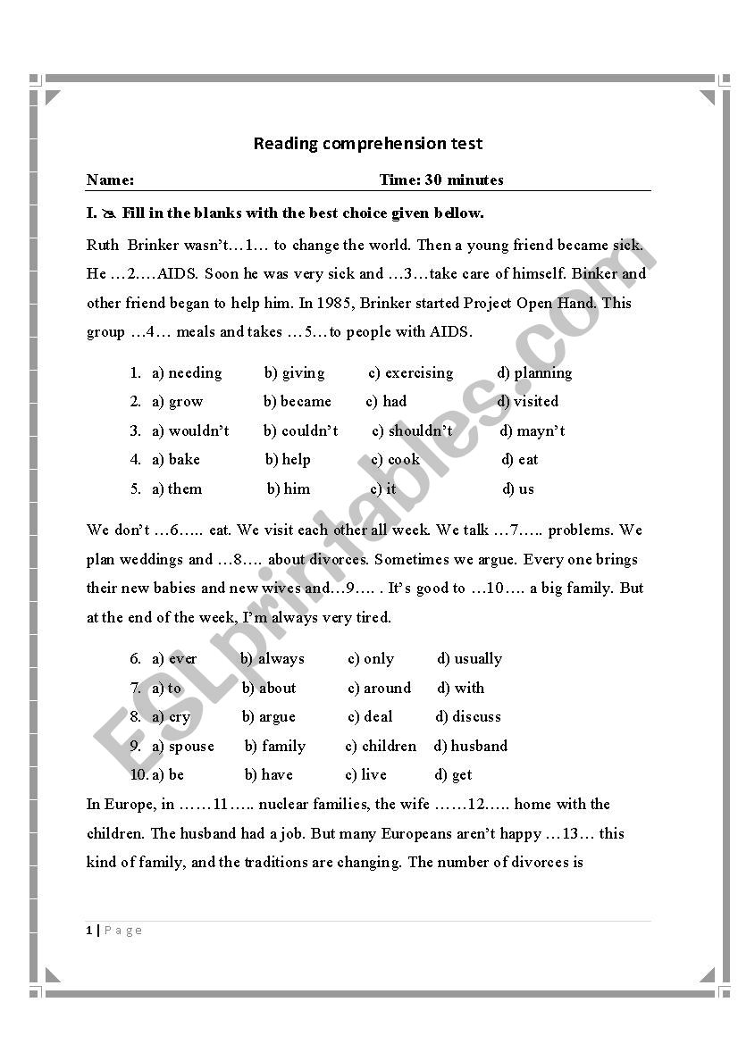 READING COMPREHENSION TEST worksheet