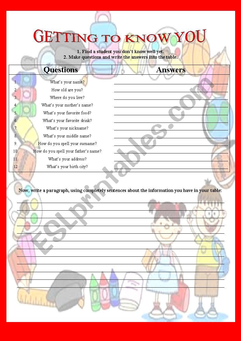 Getting to know you worksheet