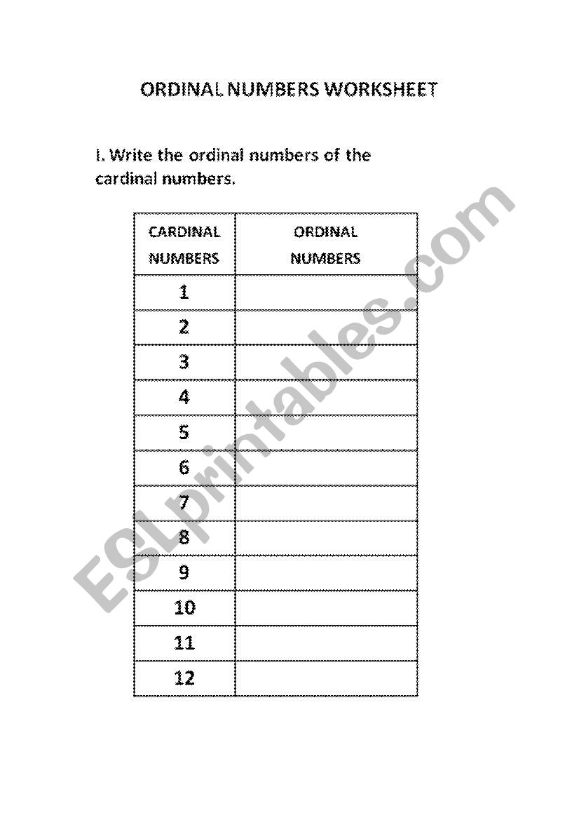 ordinal numbers worksheet