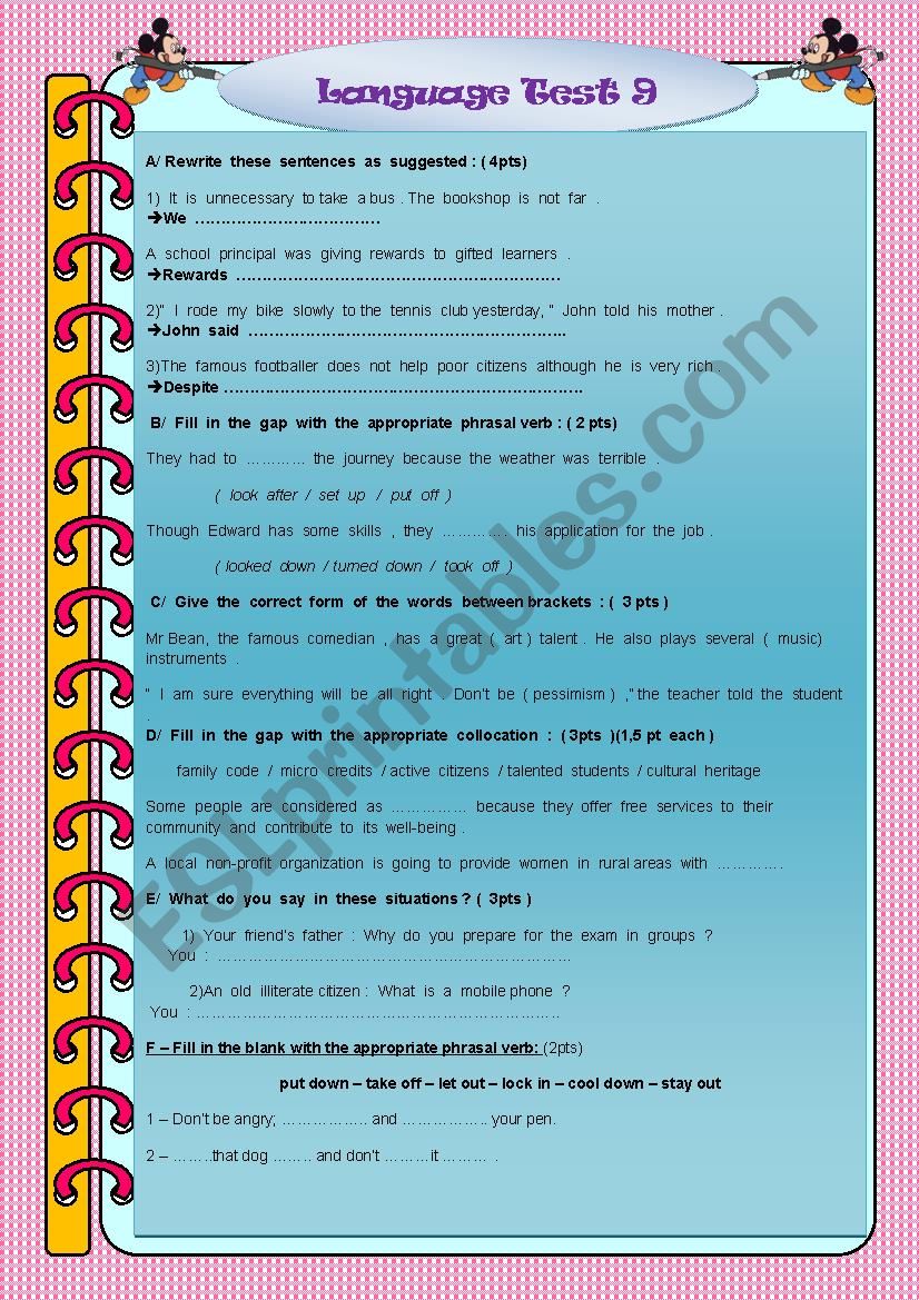 TEST IN LANGUAGE 9 worksheet