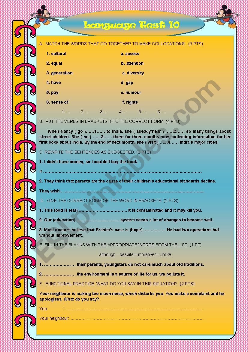 TEST IN LANGUAGE 10 worksheet