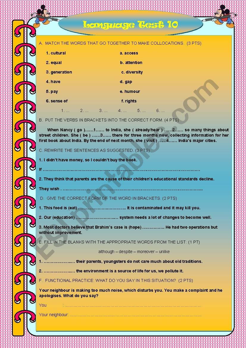 TEST IN LANGUAGE 10 worksheet