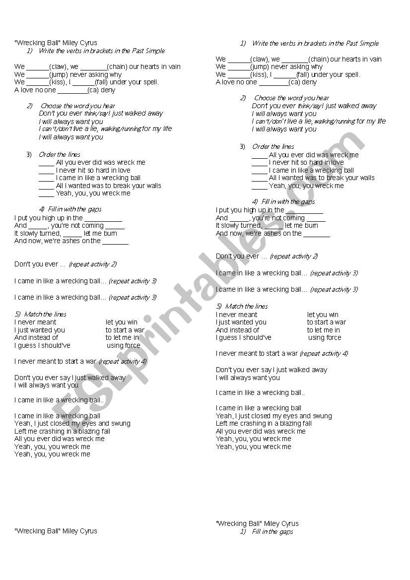 Wrecking Ball Miley Cyrus worksheet