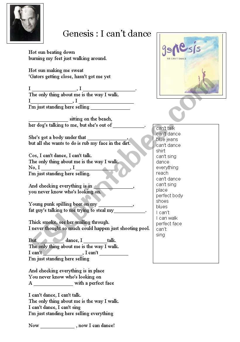 I cant dance by Genesis worksheet