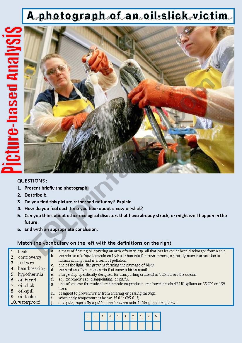 Picure-based analysis (A photograph of an oil-slick victim)  1/â€¦