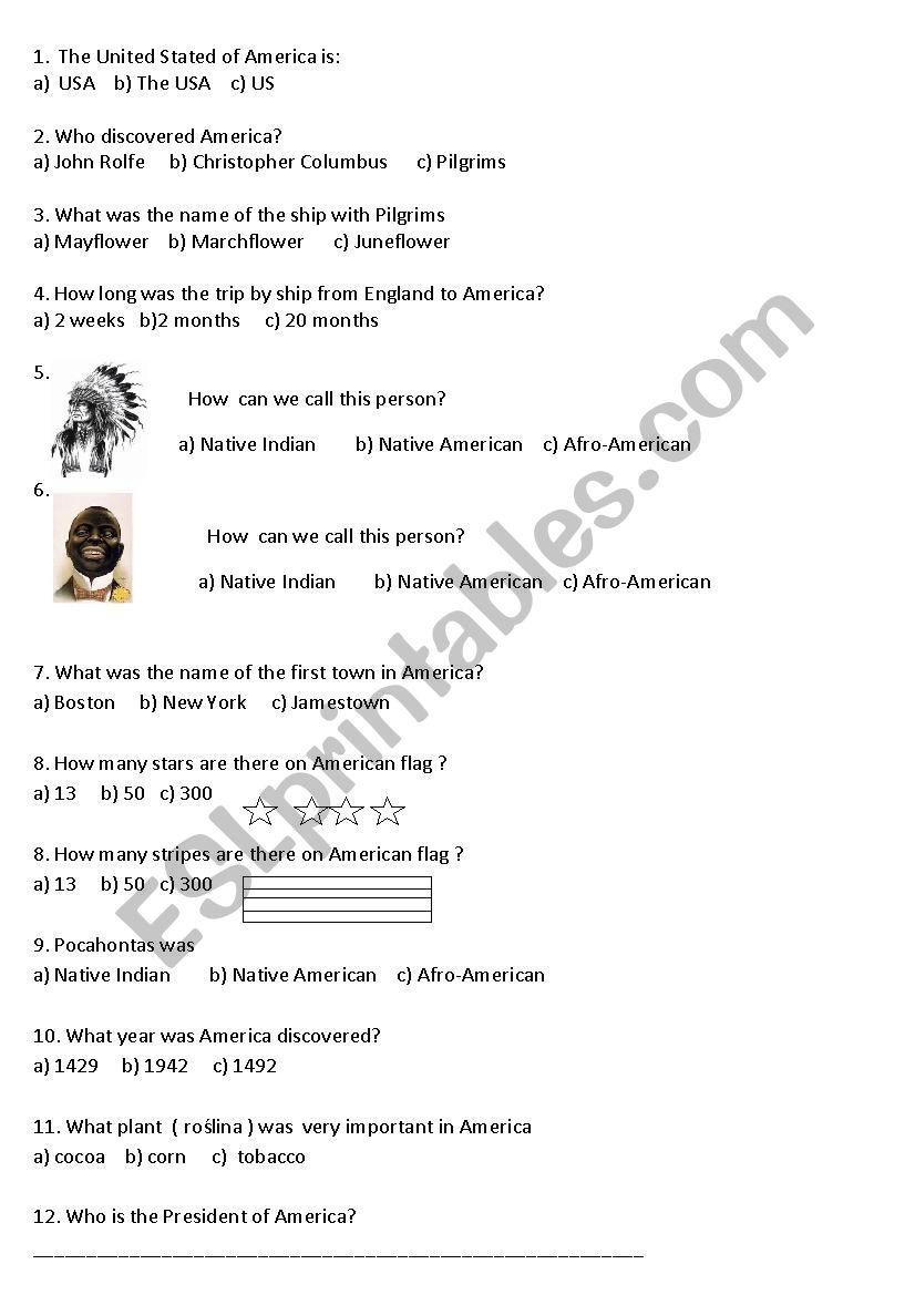 AMERICA   facts test  USA worksheet