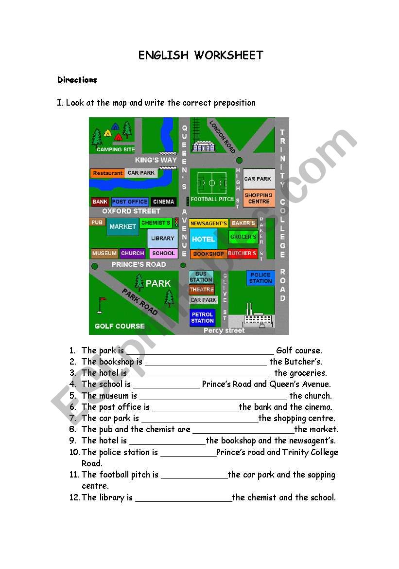 Directions and places worksheet