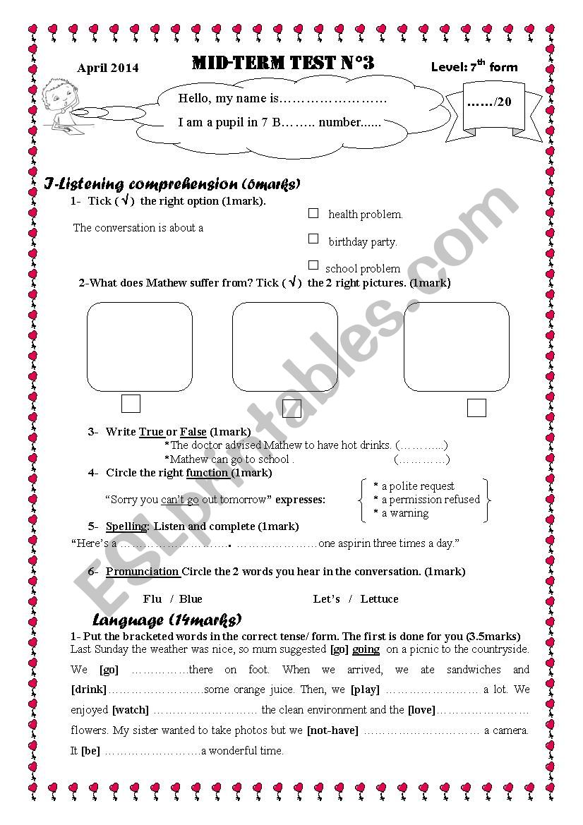 Mid-term test n3 7th form worksheet