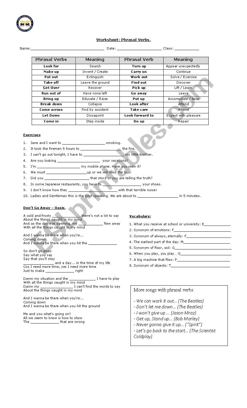 Phrasal Verbs + Dont go away (Oasis)