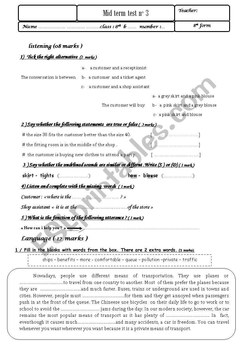 mid term test n 3  7th form  worksheet