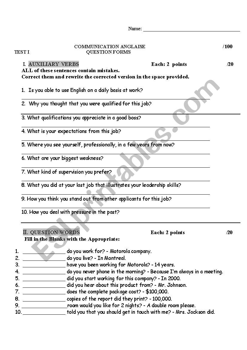 Question Forms - TEST worksheet