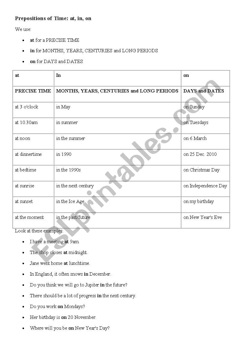 Preposition of Time worksheet