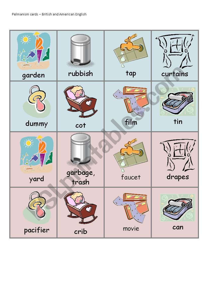 British and American English - pelmanism cards - part 4