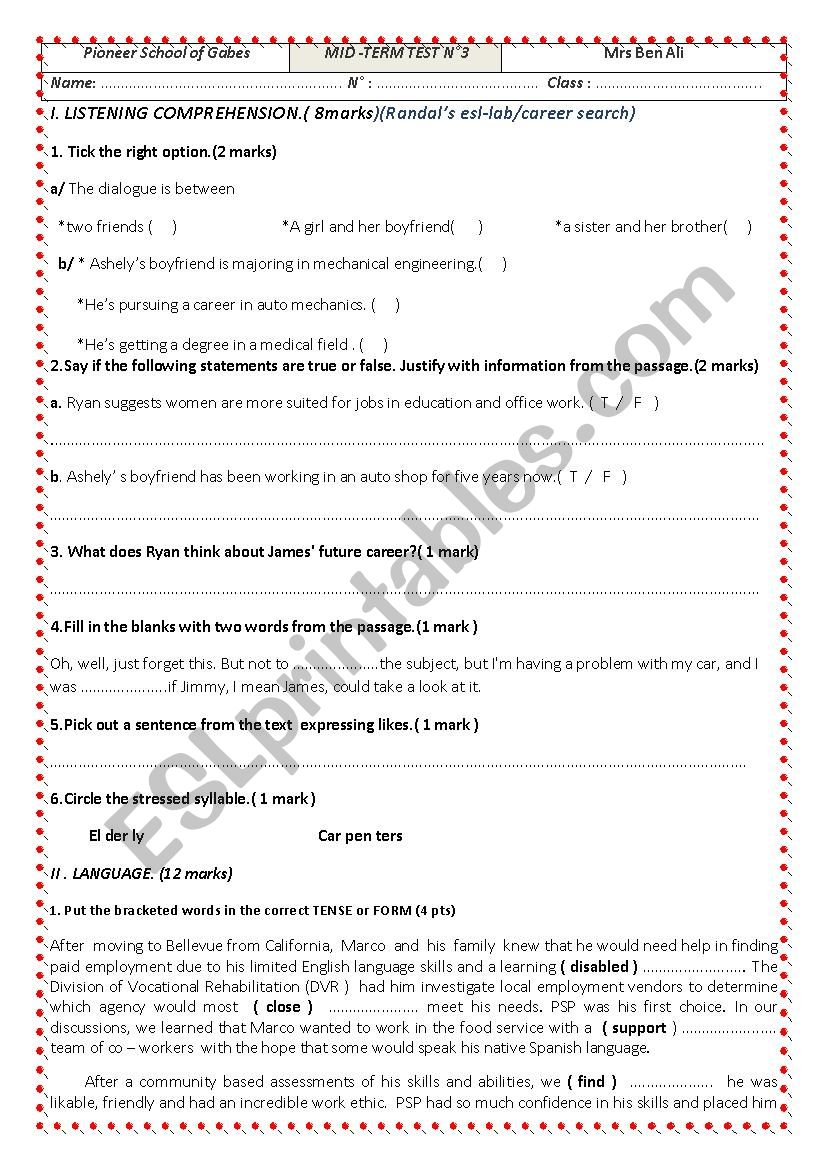 1st form Mid term test3 worksheet