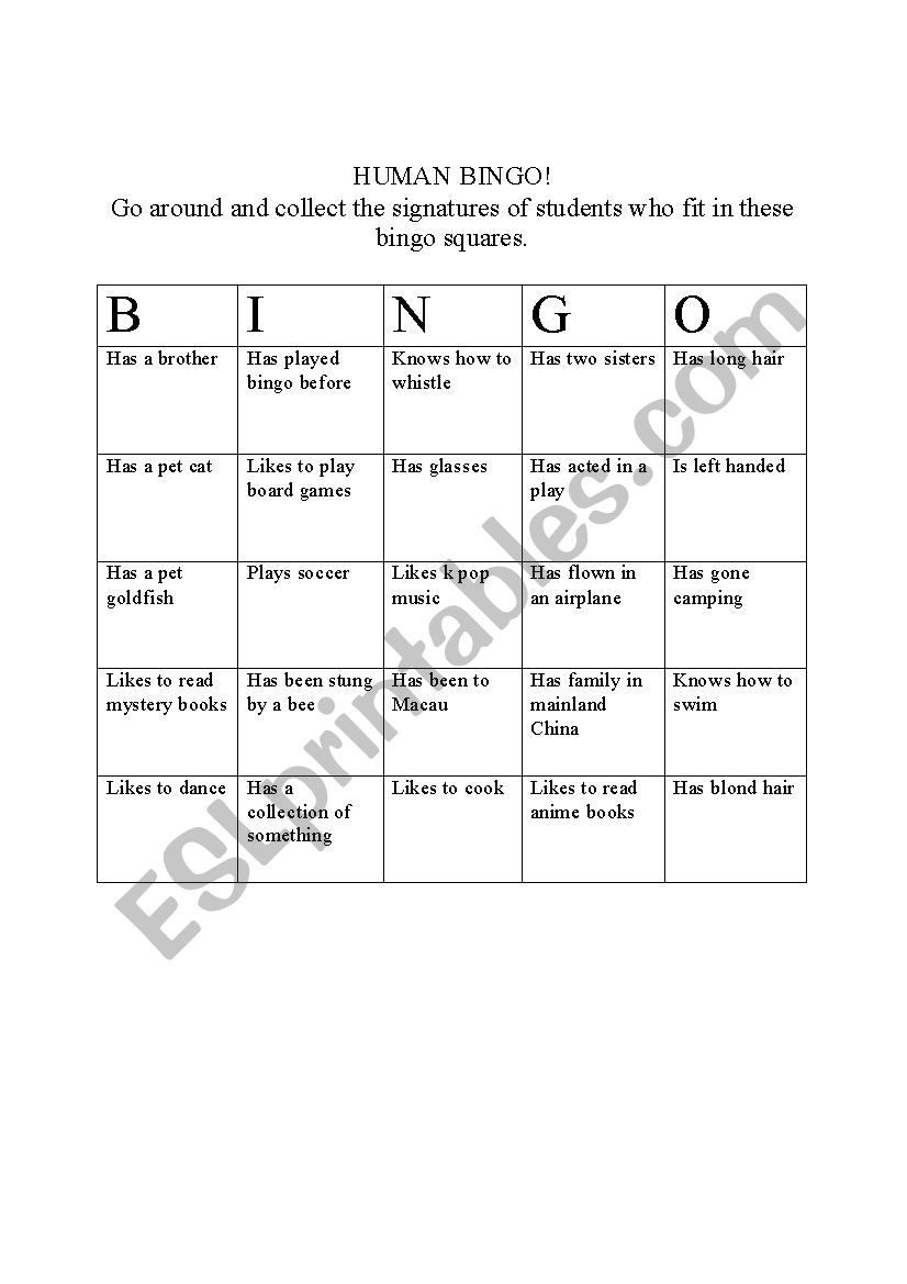 Human Bingo worksheet