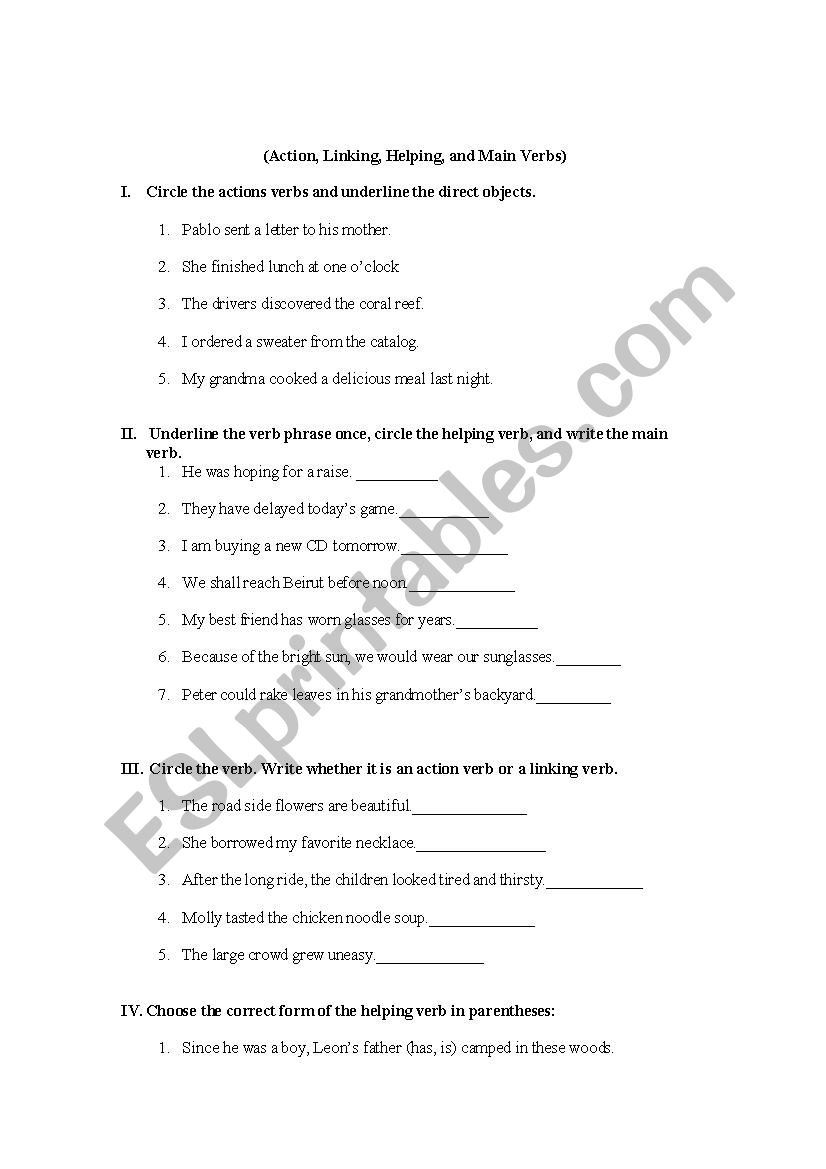 Action and Helping Verbs worksheet