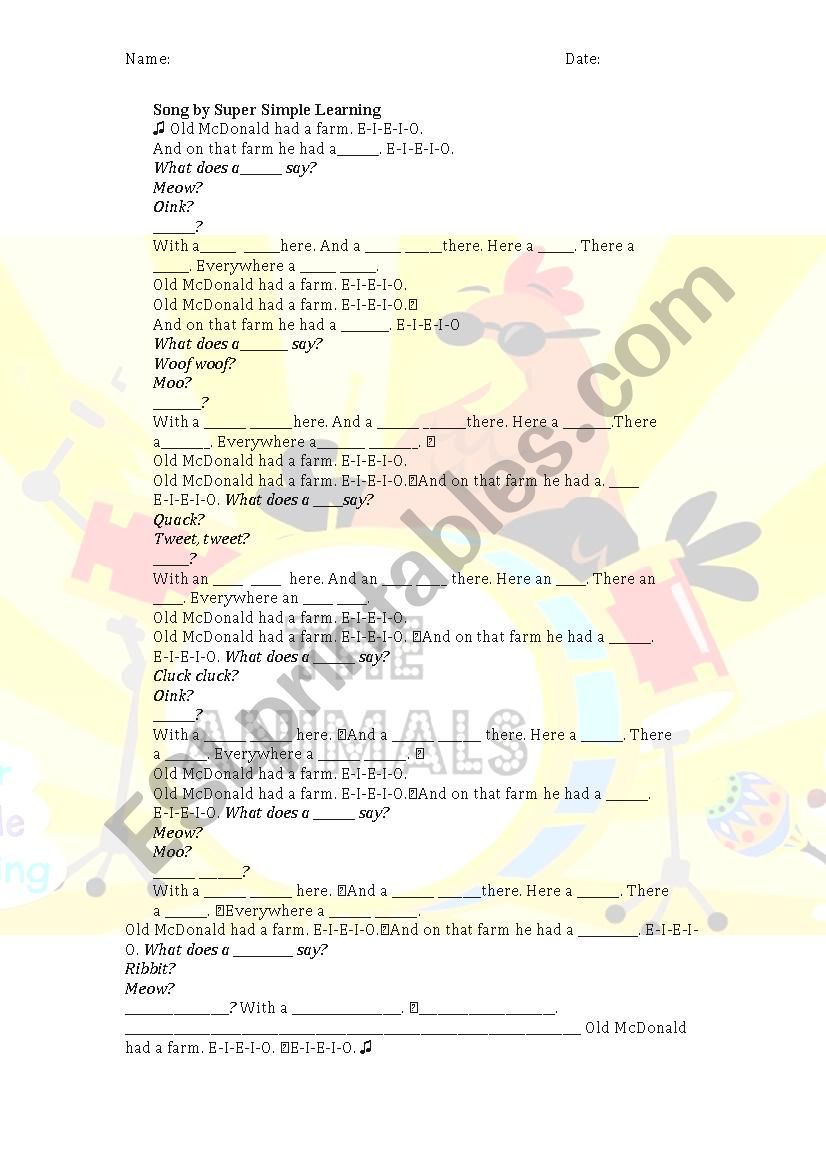 Old McDonald Had a Farm by Super Simple Learning song worksheet