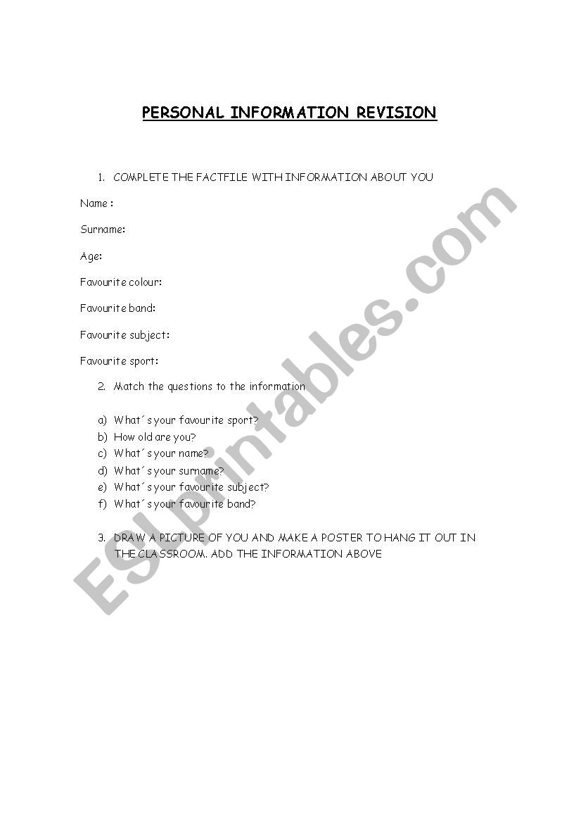 Personal information worksheet