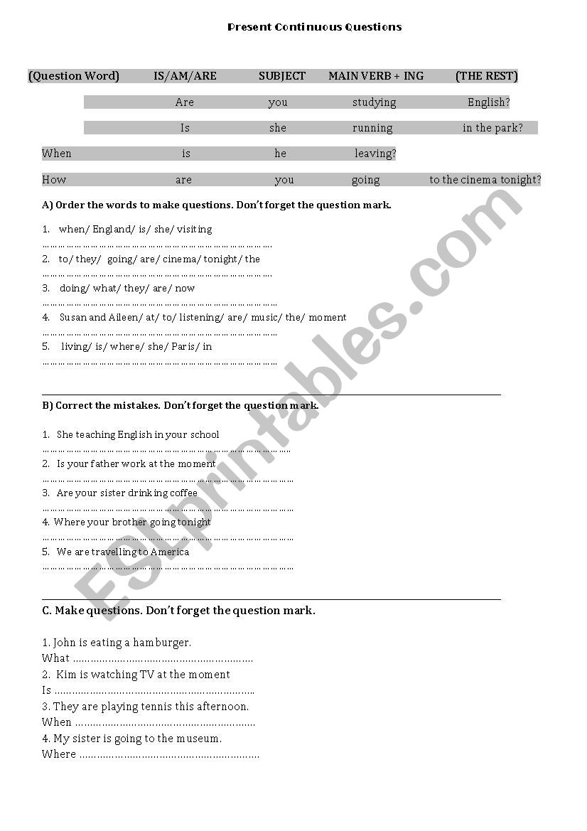 Present Continuous Questions worksheet