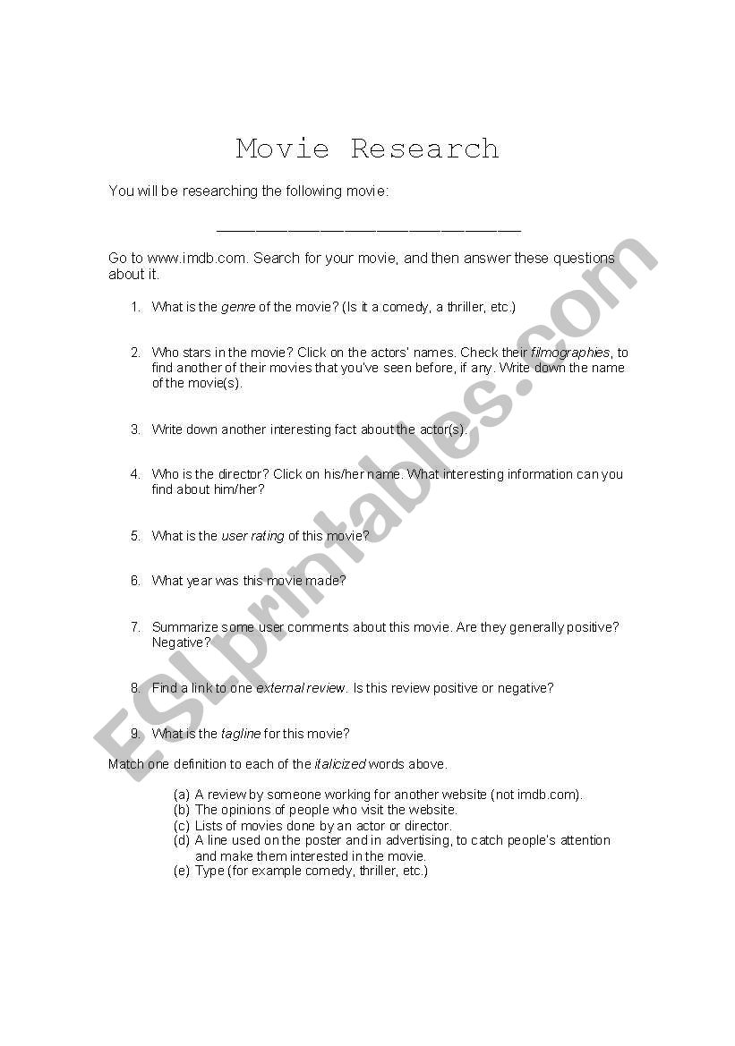 Movie Research worksheet