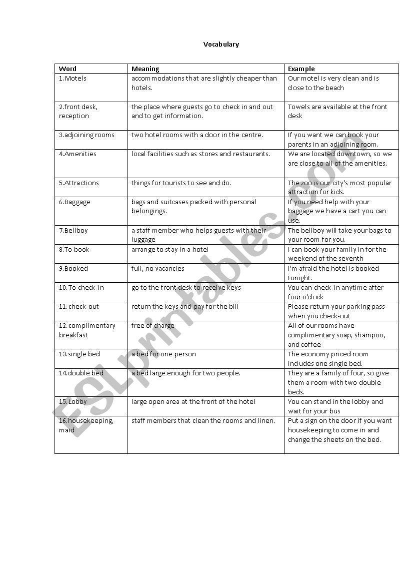 Vocabulary worksheet